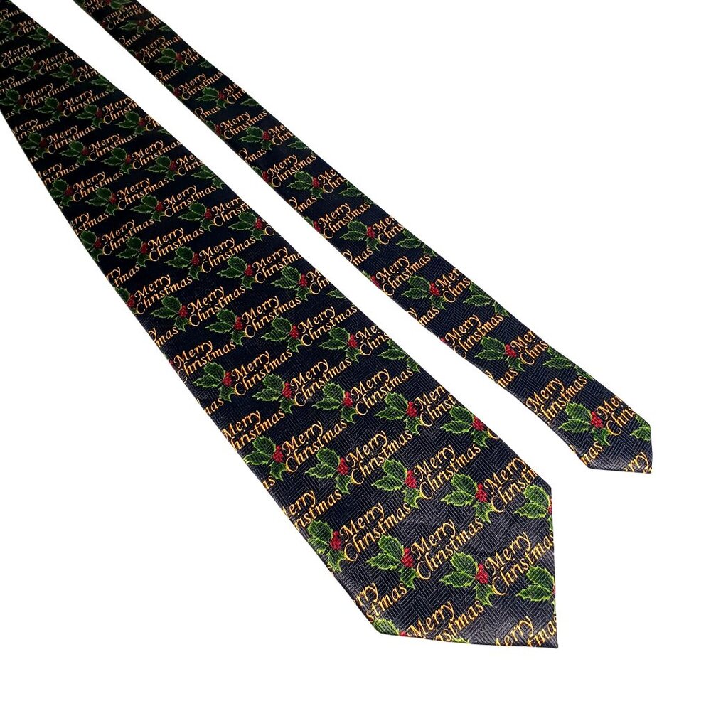 Merry Christmas Necktie Navy Green Holly Leaves Red Berries Holiday Dad Gift